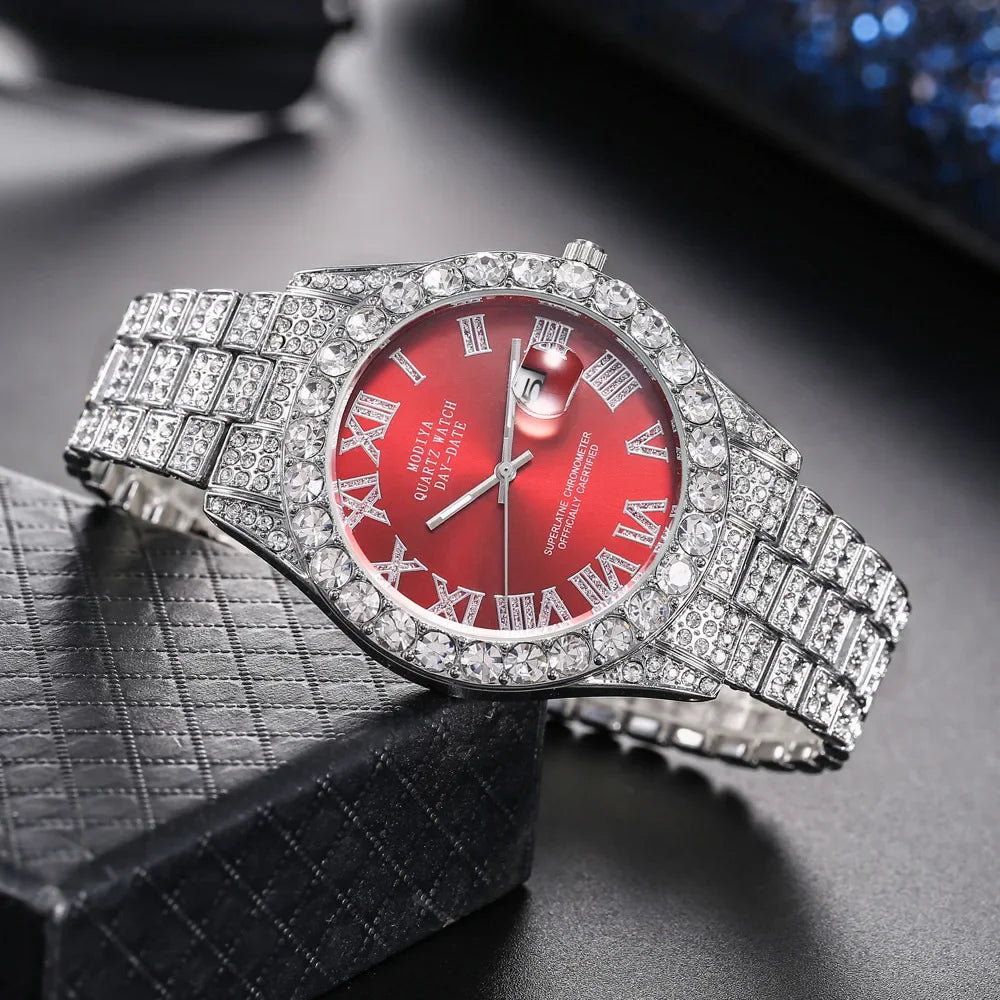 New Men Watch Full AAA Rhinestone Around Luxury Quartz Watches Round Clock Wrist Watch Gift for Boyfriend Sparkling Wristwatches