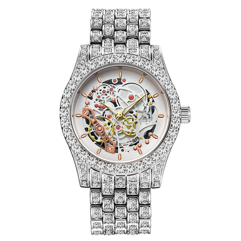 Men Big Brand Skeleton Watches Fashion Alloy Band Luxury Diamond Golden Date Quartz Vintage Watch Montres de Marque de Luxe 2024