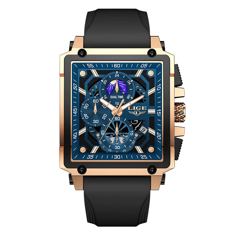 LIGE Mens Watches Brand Luxury Hollow Square Sport Watch For Men Fashion Silicone Strap Waterproof Quartz WristWatch+ Gift Box
