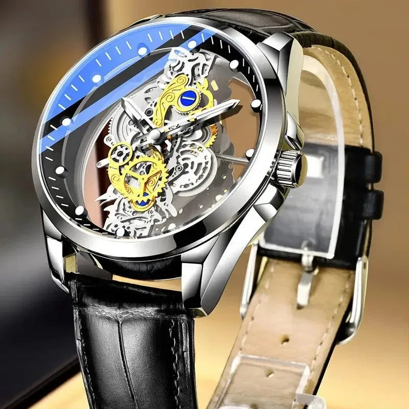 2025 Luxury Business Sliver Skeleton Automatic Mens Watches High-level Stainless Steel Casual Quartz Wrist Watches for Male