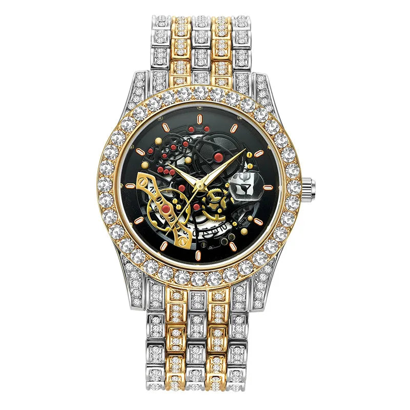 Men Big Brand Skeleton Watches Fashion Alloy Band Luxury Diamond Golden Date Quartz Vintage Watch Montres de Marque de Luxe 2024