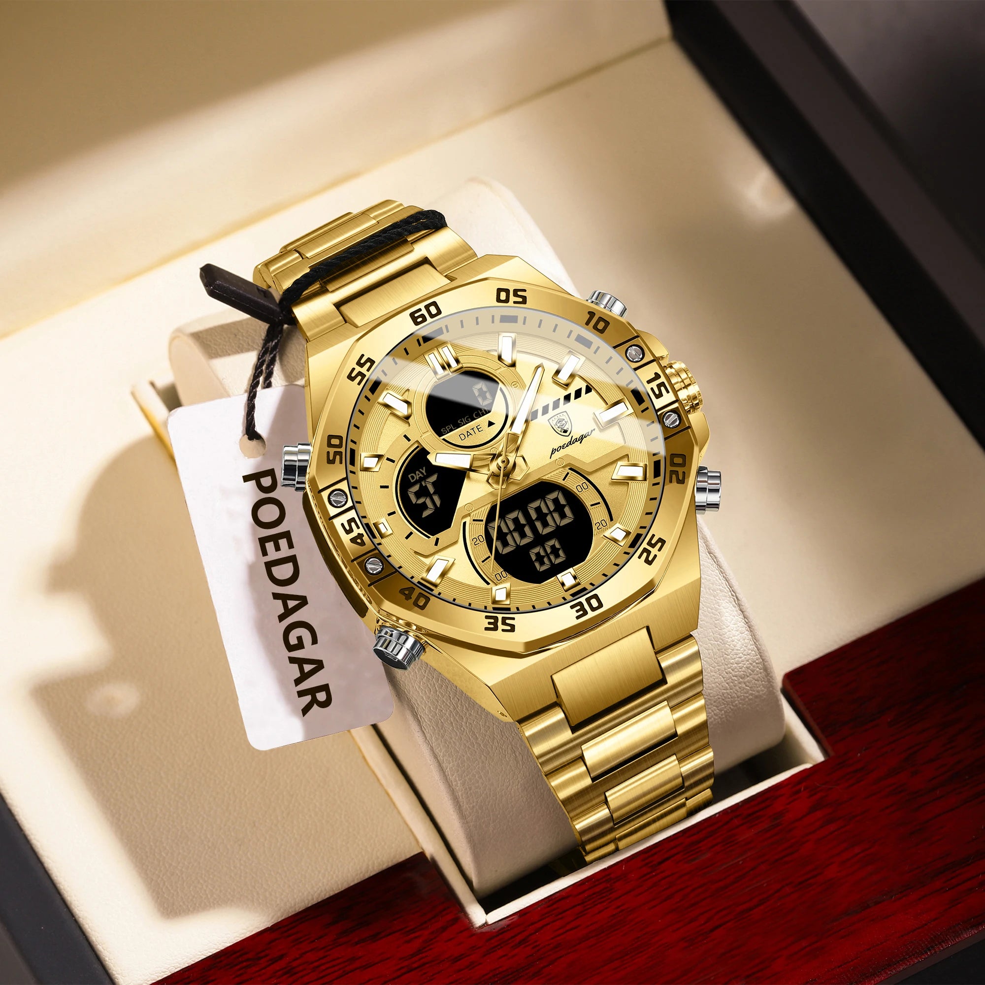 POEDAGAR Sport Men Watch LED Waterproof Week Date Digital Wristwatch Stainless Steel Quartz Military Men's Watches with Gift Box