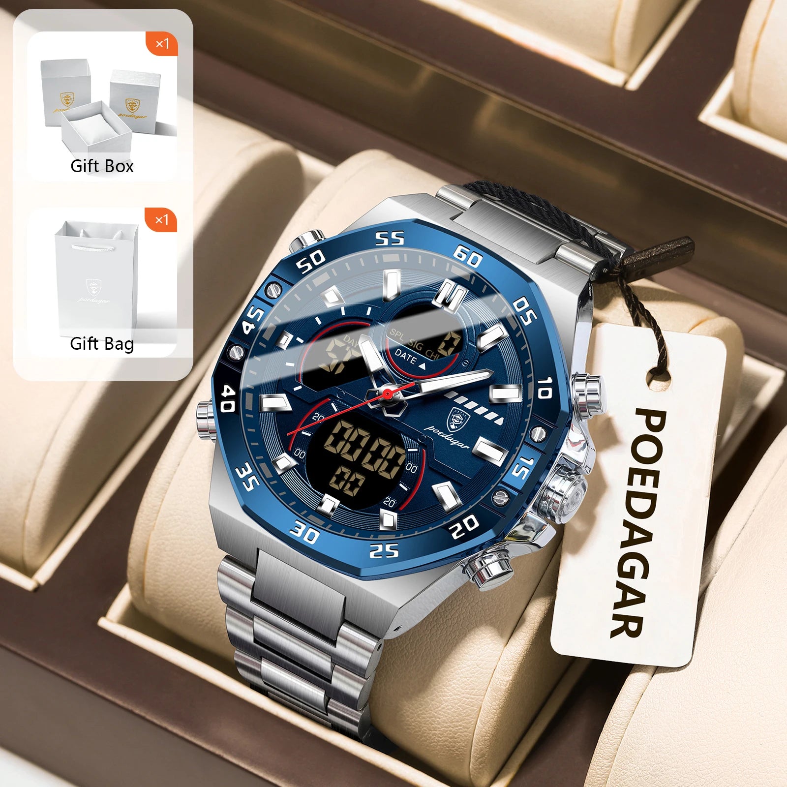 POEDAGAR Sport Men Watch LED Waterproof Week Date Digital Wristwatch Stainless Steel Quartz Military Men's Watches with Gift Box