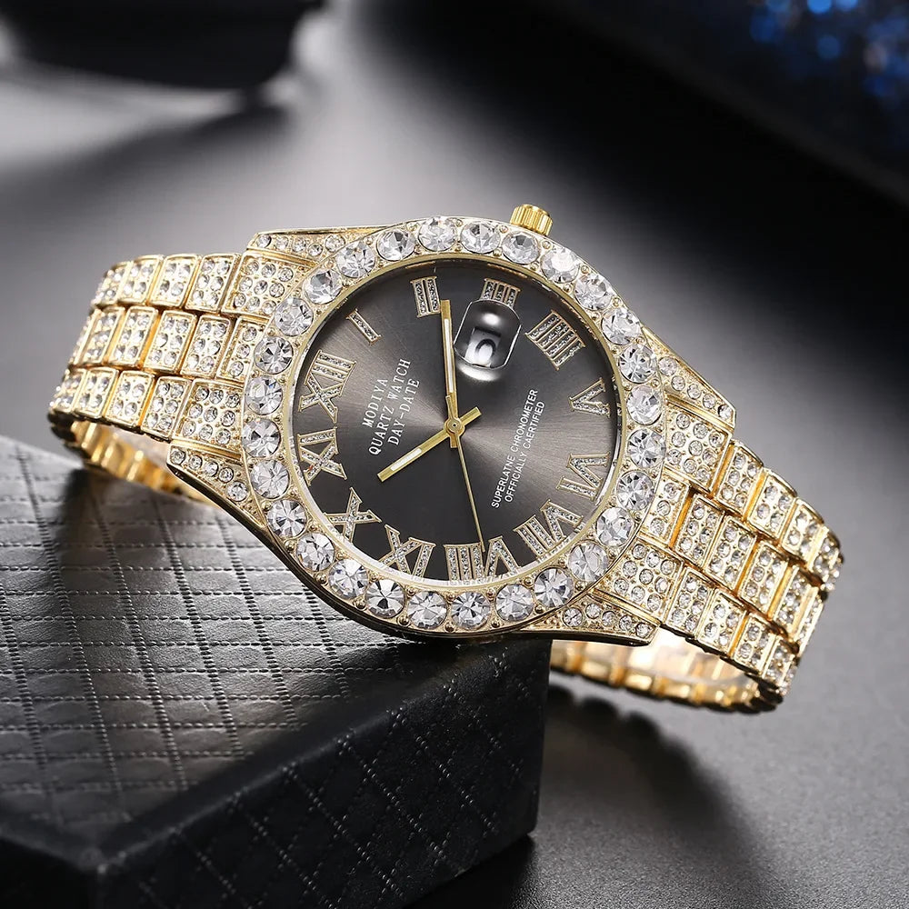New Men Watch Full AAA Rhinestone Around Luxury Quartz Watches Round Clock Wrist Watch Gift for Boyfriend Sparkling Wristwatches